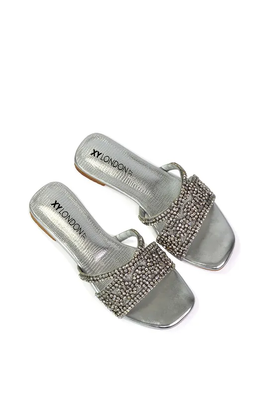 Kingsley' Embellished Diamante Flat Slip On Sliders - XY London