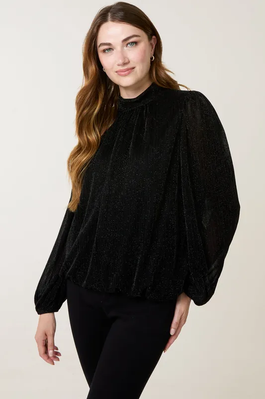 Black Metallic High Neck Puff Ball Top - Blue Vanilla