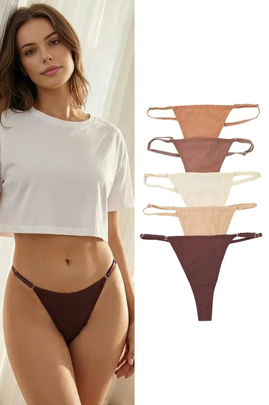 5 Pack Ribbed Adjustable Strap Thong Briefs Set - WOVCOR