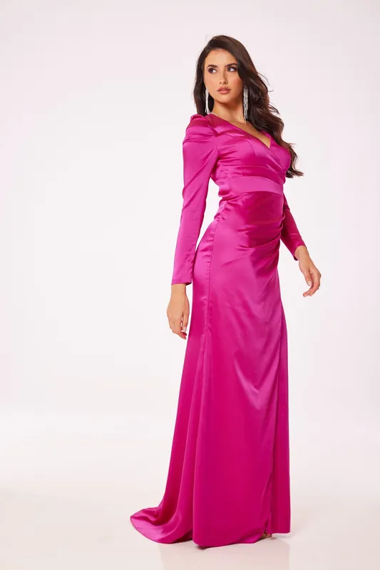 Fuschia Long Sleeve Side Slit Maxi Dress - LuvForever Fashion