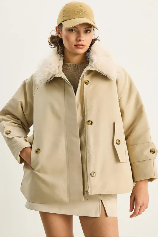 Zipper Jacket with Faux Fur Collar - Bianco Lucci