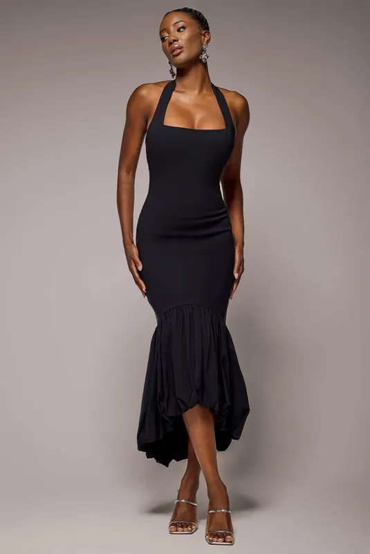 Halter Neck Puff Hem Mermaid Midaxi Dress - Goddiva