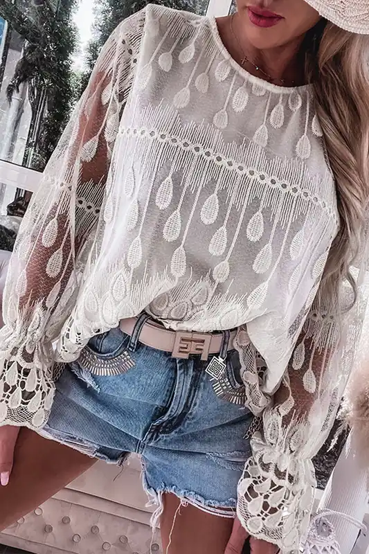 Beige Embroidered Mesh Flounce Sleeve Blouse - Everyday The Label