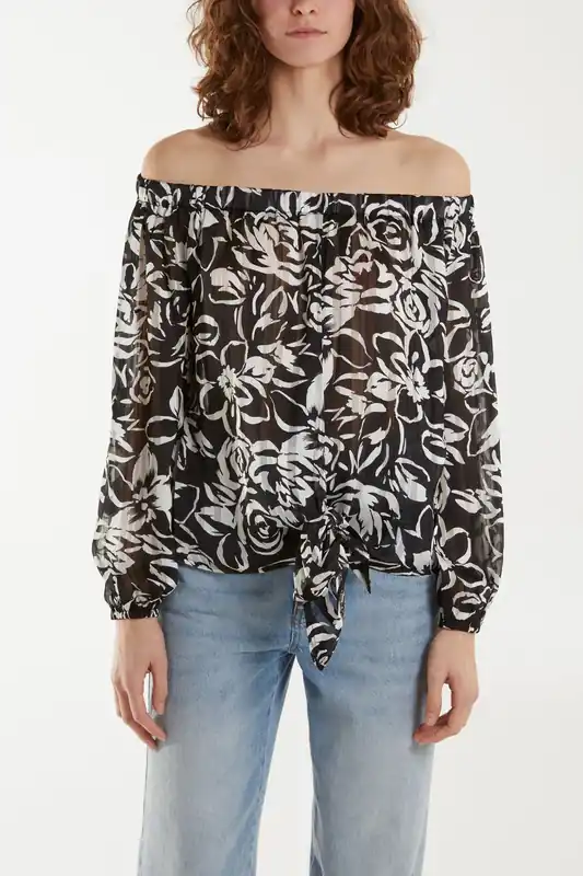 Black Tie Front Bardot Top - Blue Vanilla