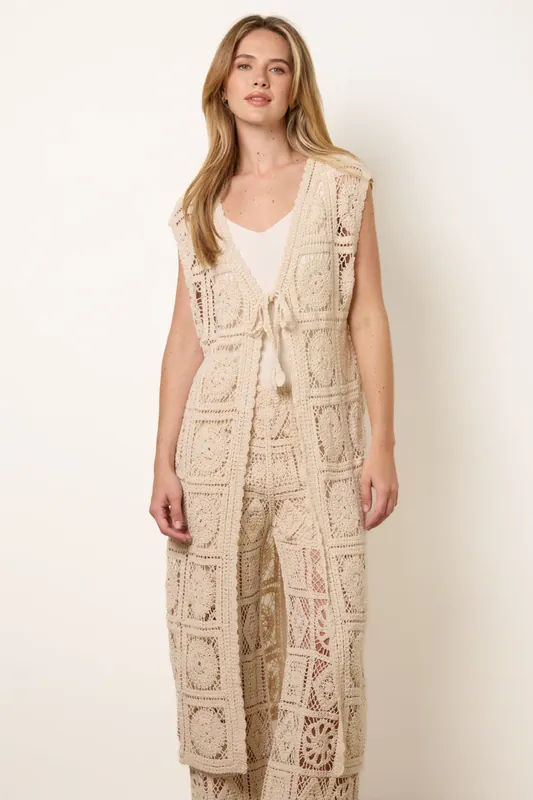 Beige Crochet Detailed Tie Front Cardigan - Blue Vanilla