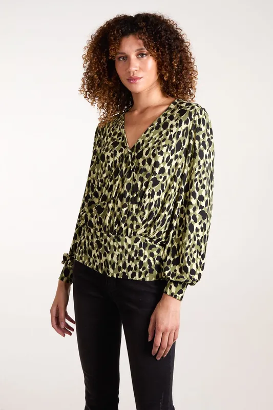 Wrap Front Geometric Deep Hem Band Top - Blue Vanilla