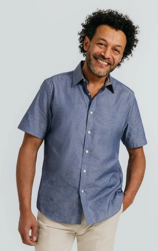 Blue Floral Print Short Sleeve Shirt - Dobell