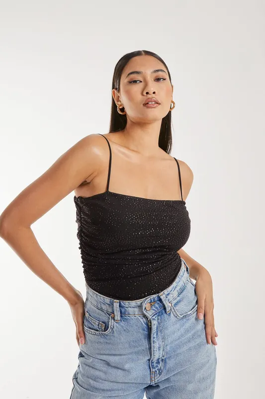 Strappy Sparkle Mesh Bodysuit - Pink Vanilla