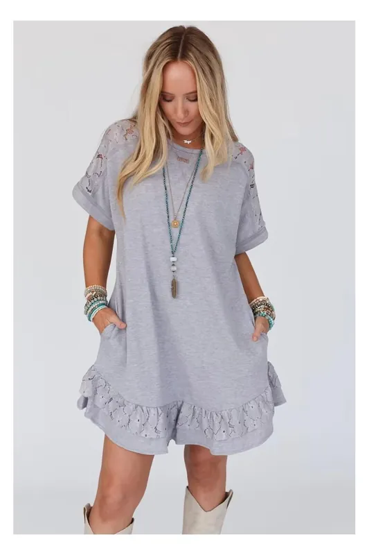 Light Grey Lace Floral Patchwork Ruffled T-shirt Dress