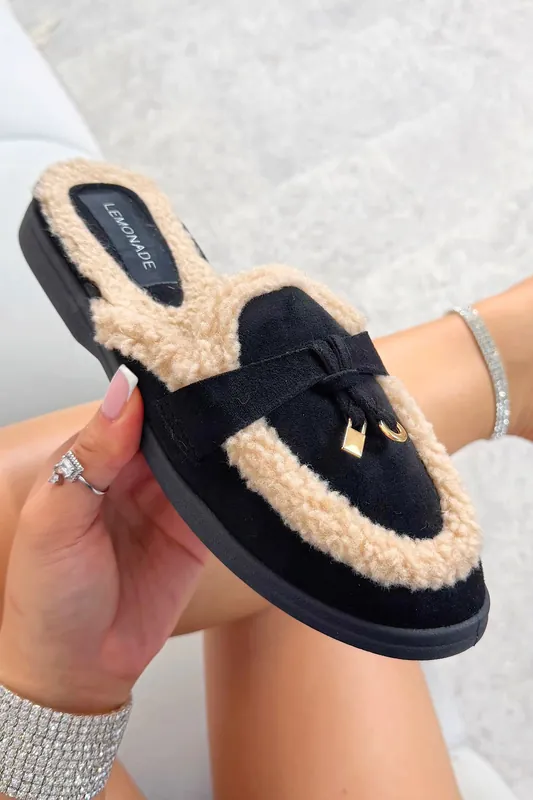 Velvet Crush Teddy Trim Slip On Clog Mules - Love Lemonade