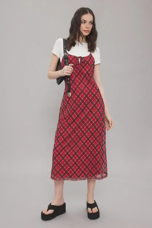 Check Print Tie Front Midi Slip Dress - WOVCOR