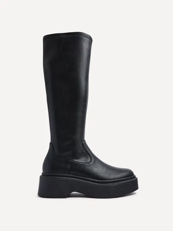 Bruna Black Faux Leather High Leg Stretch Boot - Linzi