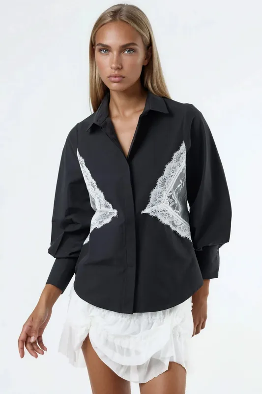 Lace Detailed Fitted Poplin Shirt - QU Style