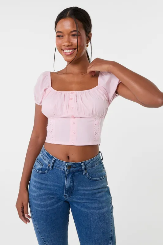 Pink Puff Sleeve Broderie Detail Top - Pink Vanilla