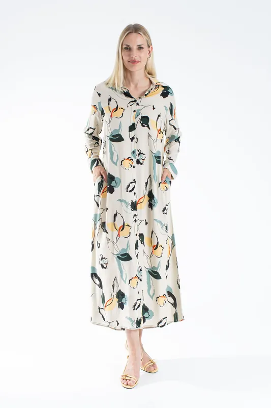 Womens Viscose Abstract Floral Maxi Shirt Dress - Belissh