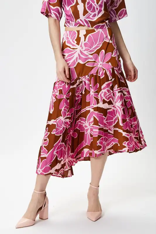 Purple Floral Midi Asymmetric Skirt with Pleat details - Liquorish