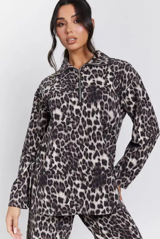 Leopard Zip Top and Wide Leg Trouser Set - Loungeable