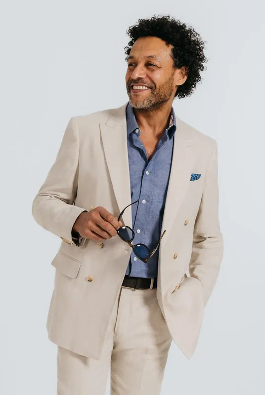 Oatmeal Double Breasted Peak Lapel Linen Suit Jacket - Dobell