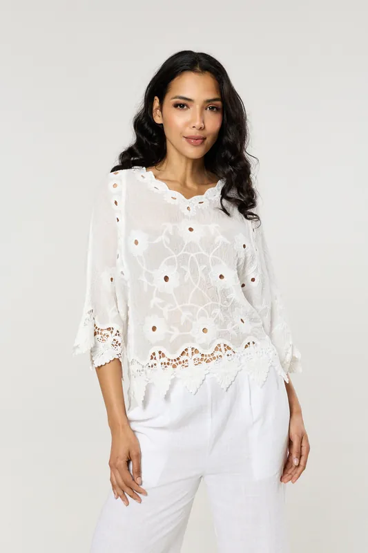 White Floral Lace Cotton Boho Blouse - Liquorish