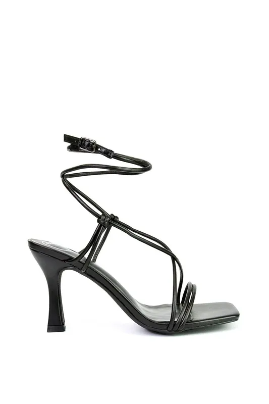 Carys' Buckle Lace Up Strappy Stiletto Square Toe Mid High Heel Sandals - XY London