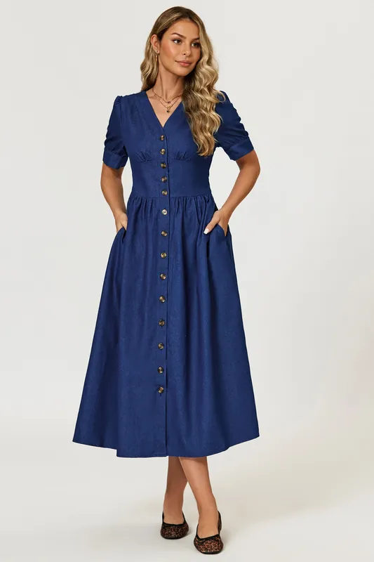 Denim Midi Dress In Blue - FS Collection