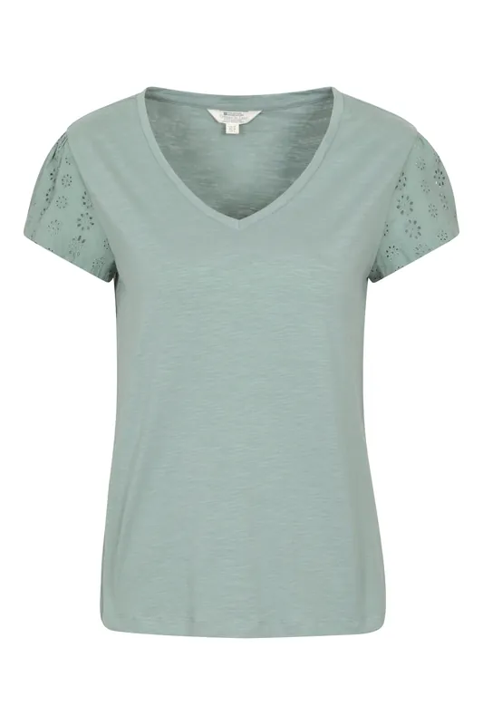 Malaga' Casual Soft Lightweight V-Neck Broderie Sleeve Top T-Shirt