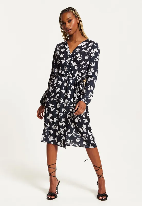 Floral And Bird Print Midi Fake Wrap Dress In Navy - Liquorish