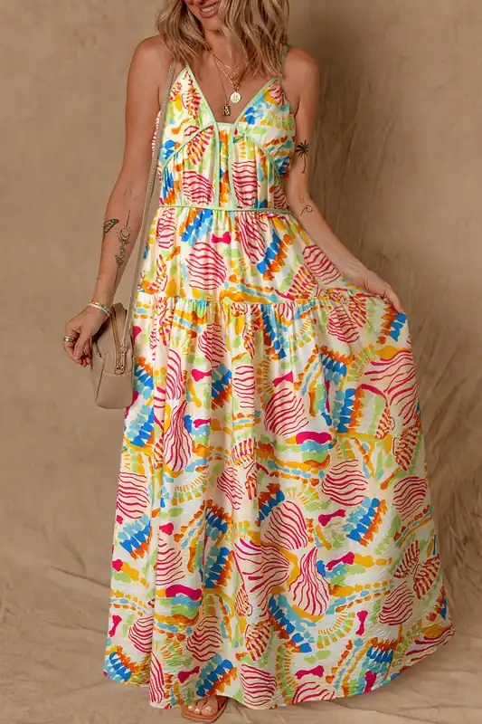 Orange Abstract Print Spaghetti Strap Piping Detail Maxi Dres - Everyday The Label