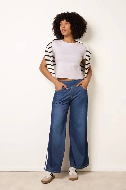 Blue Multi Stretch Side Stripe Deep Waistband Trousers - Blue Vanilla