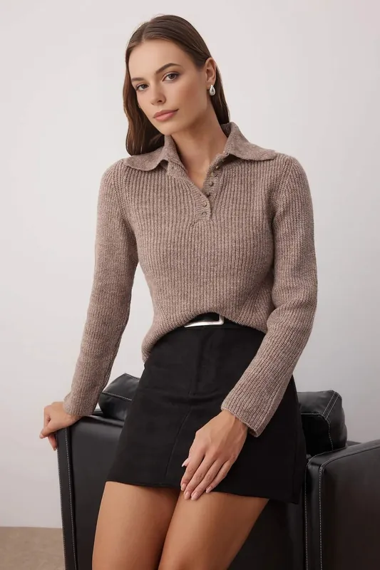 Soft Textured Buttoned Polo Collar Knit Sweater - WOVCOR