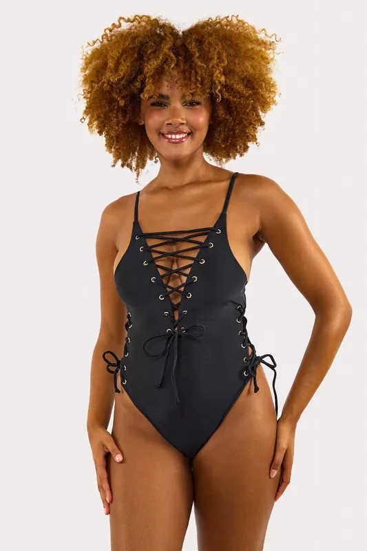 Eden Fuller Bust Black Plunge Lace Up Swimsuit - Wolf & Whistle