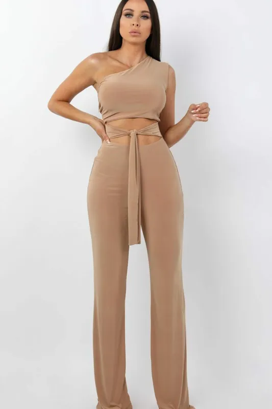 Tie Front Slinky Wide Leg One Shoulder Jumpsuit - Femme Luxe