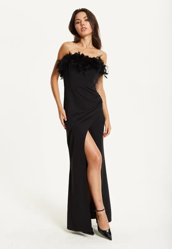 Black Feather Trim Strapless Dress - Liquorish