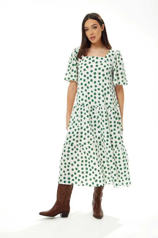 A Line Midi Dress in Green Polka Dot - Liquorish