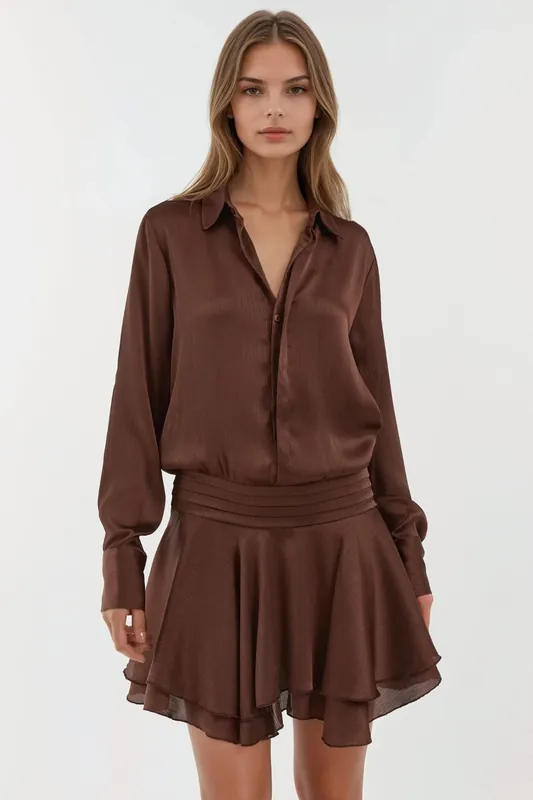 Ruffle Drape Long Sleeve Mini Dress with Shirt Collar - Hiccup