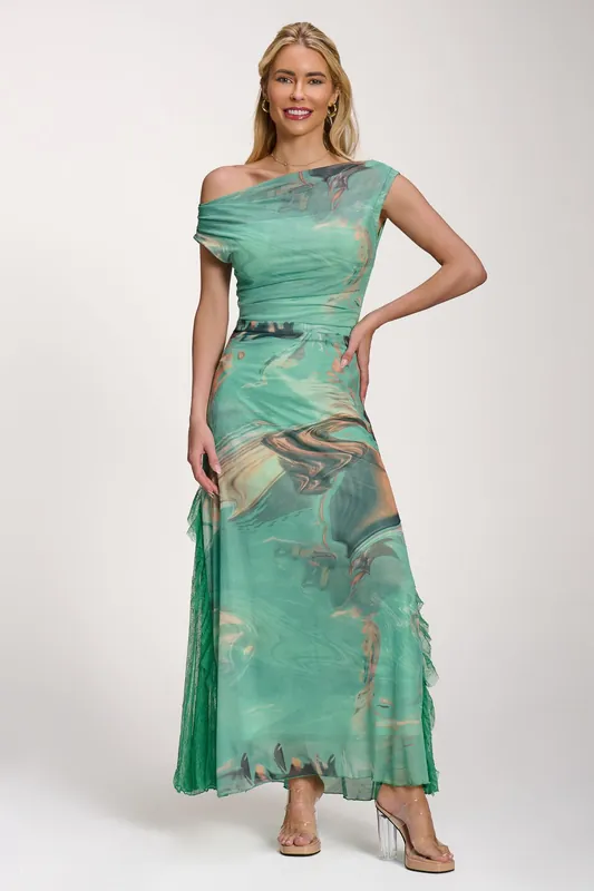 Lace Insert Ruched Mesh Maxi Dress - Jolie Moi