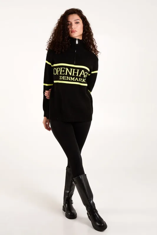Black Zip Neck Logo Jumper - Blue Vanilla
