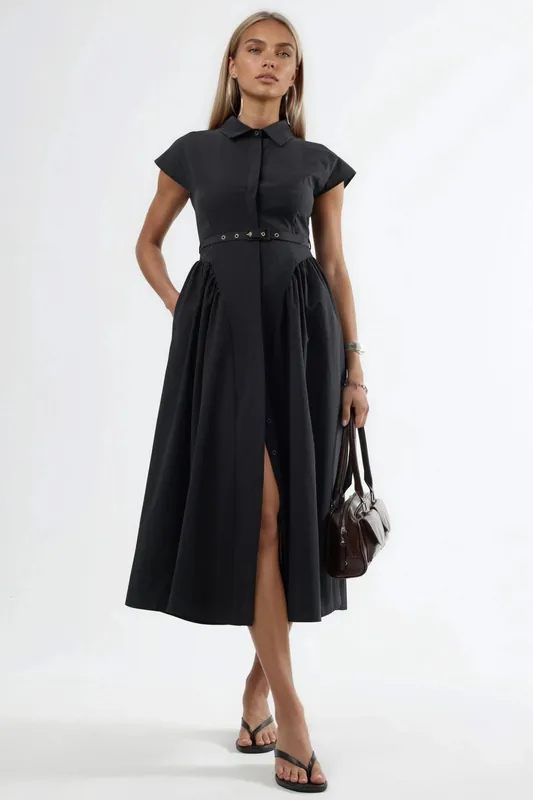 Belted Midi Dress with Shirt Collar - Busem