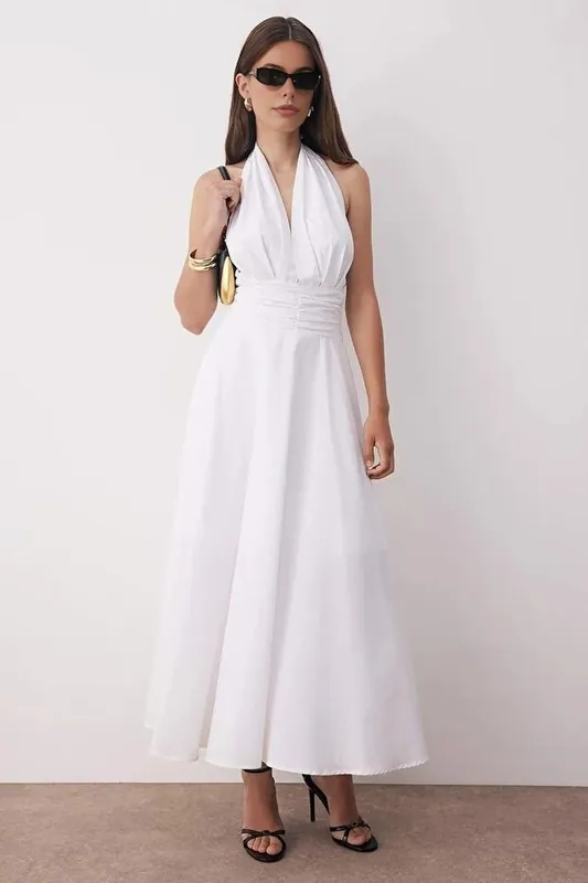 Halter Neck Ruched Waist Midi Dress - WOVCOR