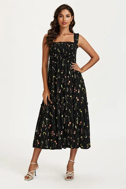 Floral Print Hem Detail Tiered Maxi Dress In Black - FS Collection