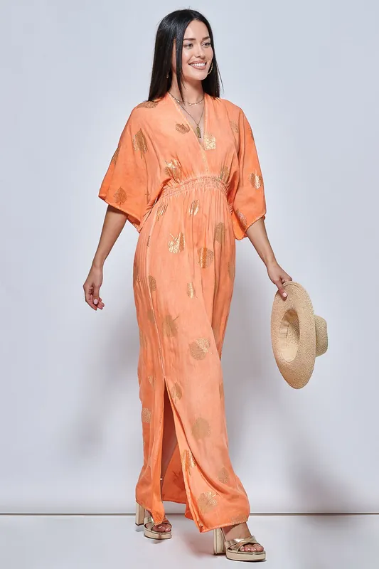 Printed Kimono Sleeve Holiday Maxi Dress - Jolie Moi
