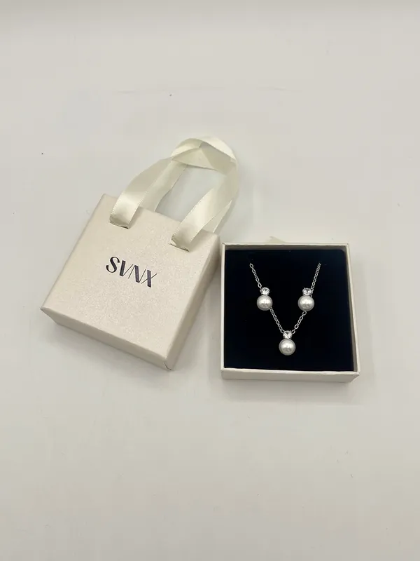 Large Pearl Diamante Earrings & Necklace Set in Silver - SVNX
