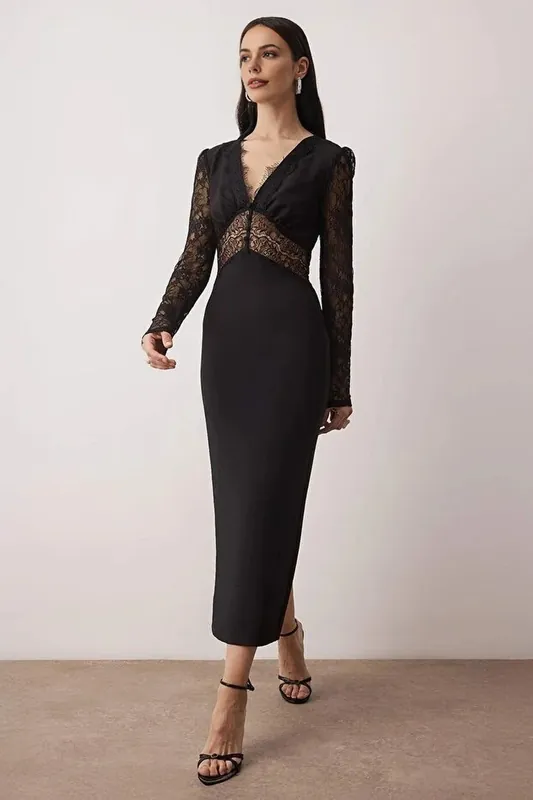Lace Panel Woven Midi Evening Dress with Plunge Neckline - WOVCOR
