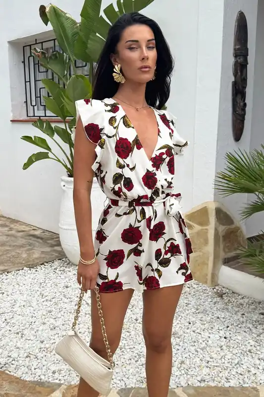 Cream Rose Printed Flutter Sleeve Tie Waist Playsuit - AX Paris