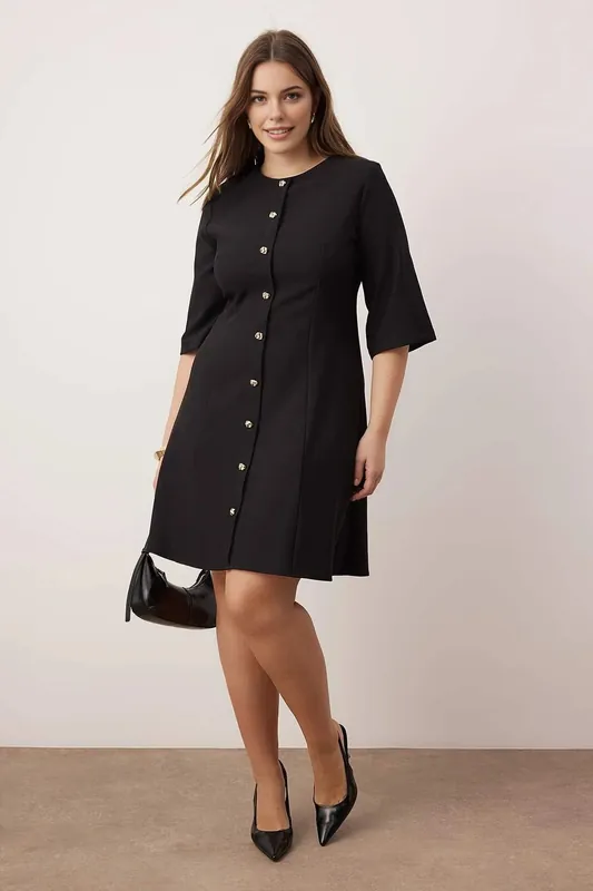 Crew Neck Button Front A-Line Mini Dress