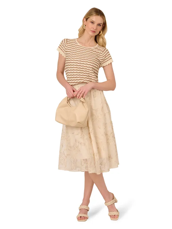 Crew Neck Pointelle Wavy Striped Scalloped Edge Sweater - Adrianna Papell