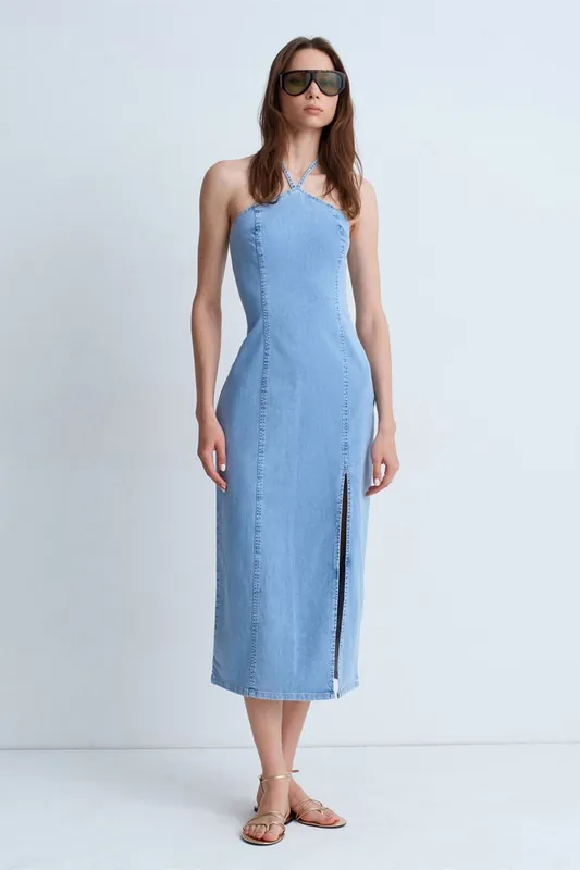 Halter Neck Midi Denim Dress - Dilvin