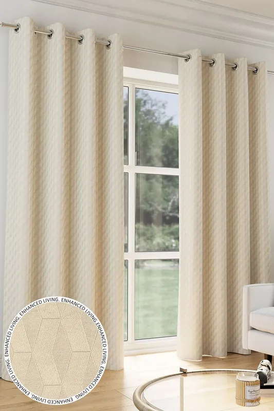 Tokyo' Cream Velvet Embossed Eyelet Thermal Dimout Curtain Pair - Enhanced Living