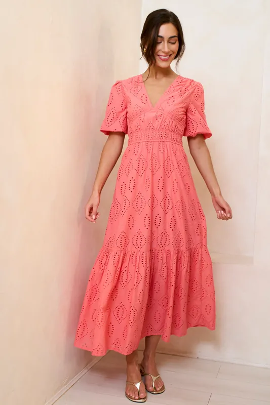 Coral Diamond Cut Work V Neck Broderie Dress - Gini London