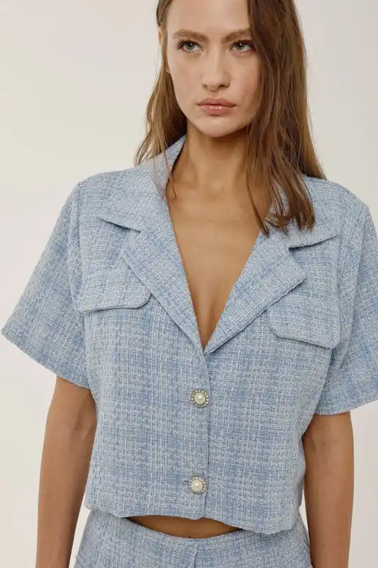 Buttoned Tweed Crop Jacket - Hiccup